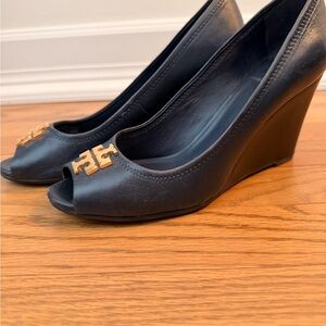 Tory Burch Navy Blue Wedge Peep-Toe Shoes